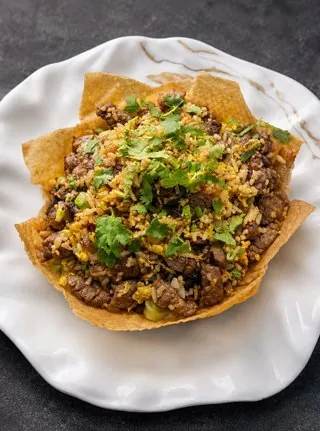 Beef fried rice in a crispy taro basket