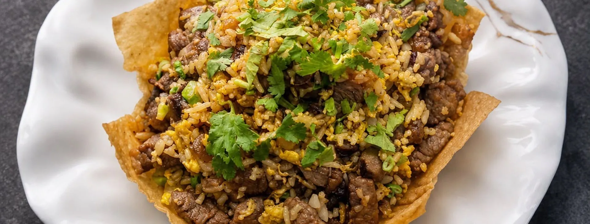Beef fried rice in a crispy taro basket