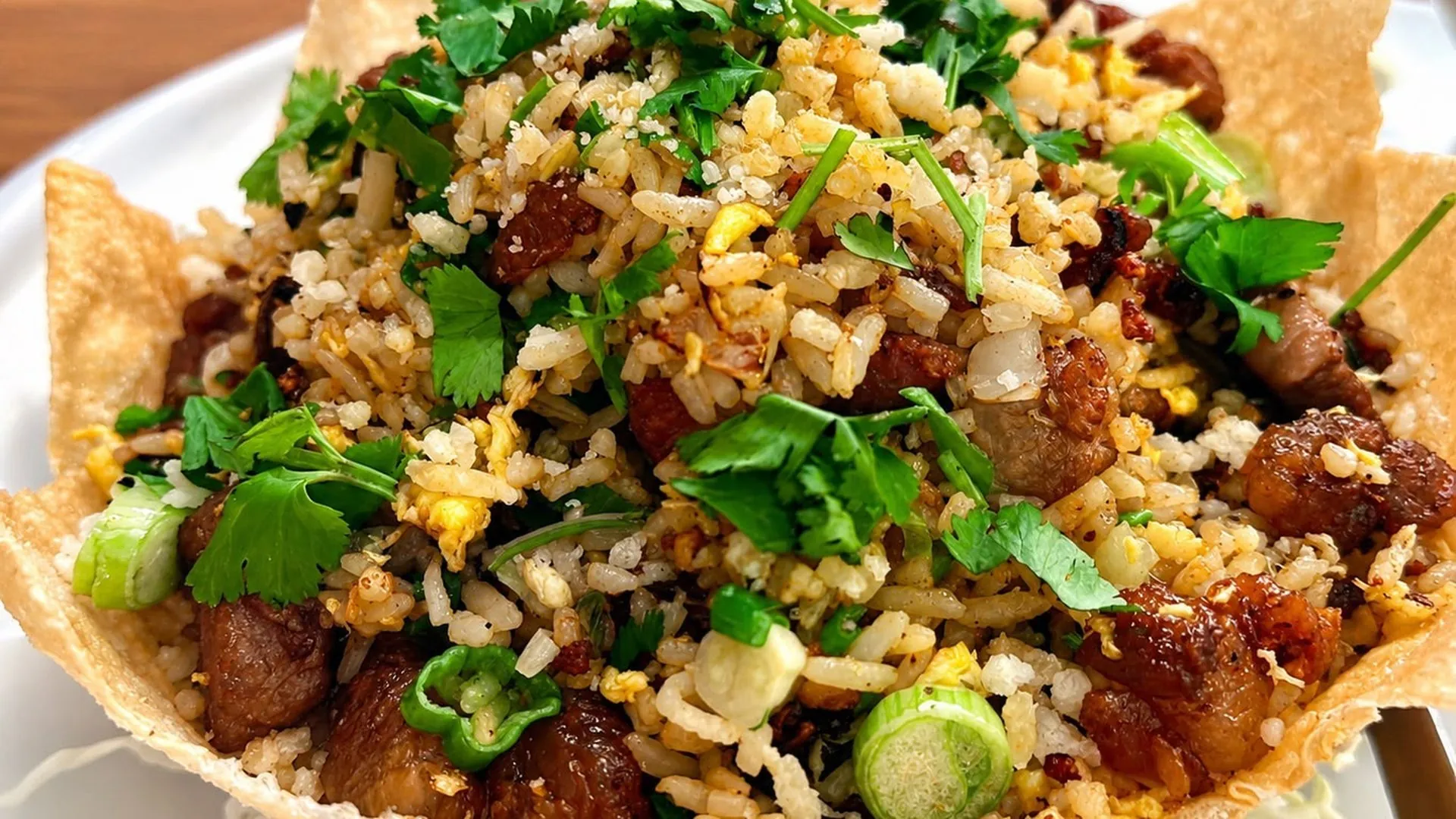Fried rice in a crispy taro basket